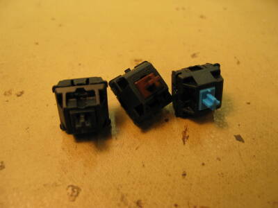 Close-up of Cherry MX black, brown and blue switches