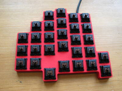 assembled keyboard, left hand side, top view, no keycaps