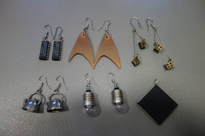IC earrings, StarTrek earrings, dice earrings, teapot earrings, light bulb earrings and processor pendant