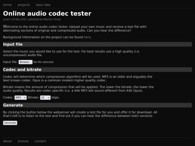 Screenshot of online audio codec tester