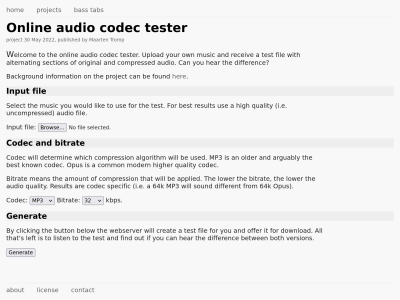 Screenshot of online audio codec tester