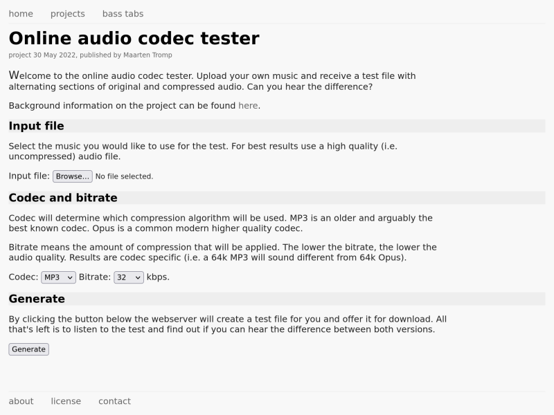 Online audio codec tester screenshot